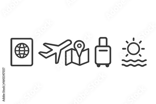 Travel essentials including passport, airplane, map, luggage, and sun symbolizing adventure and exploration during vacation