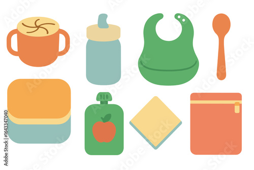 Bright and colorful baby feeding supplies arranged neatly on a surface showcasing essential items for mealtime
