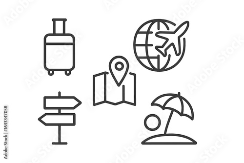 Exploring travel essentials with luggage, maps, and vacation symbols in a simple design