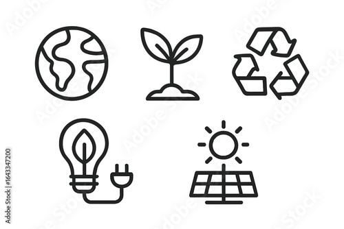 Icons representing sustainability and renewable energy concepts including Earth, plants, recycling, light bulbs, and solar panels