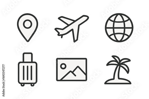 Travel elements representing adventure, tourism, and exploration with various symbols like airplane, globe, and palm tree