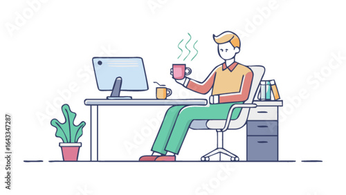 Freelancer working at desk with computer and coffee mug vector illustration for remote work and office