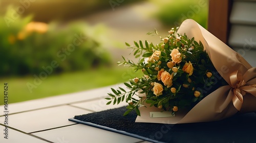 Fototapeta Naklejka Na Ścianę i Meble -  Delicate spray roses wrapped in kraft paper with satin bow lying on dark textile surface against blurred garden background, romantic floral arrangement in warm tones.