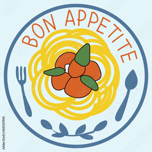 Pasty Bon Appetite Spaghetti Italian Food. Retro Amalfi Mediterranean Style Poster. Cafe Restaurant Menu Page Illustration. Cartoon Vibrant Summer Resort Vacation Holiday Advertising Flyer Card