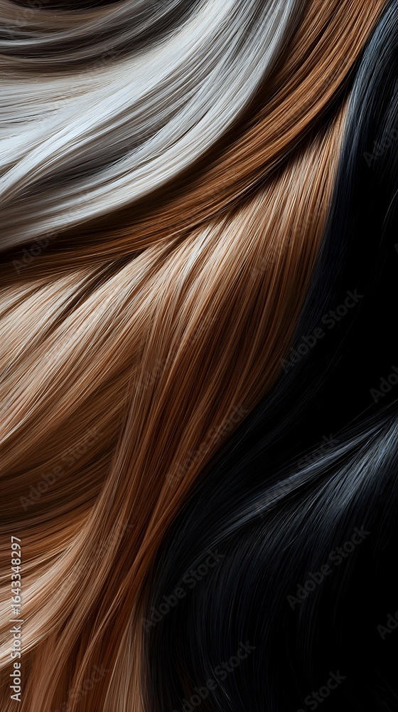 Fototapeta premium Smooth flowing strands of platinum blonde, copper brown, and raven black hair create wavy lines and curves against dark background for beauty and fashion designs.