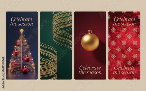 Four vertical christmas banners with festive designs and holiday greetings