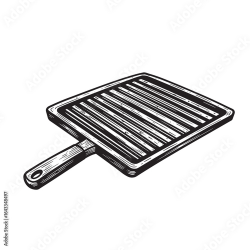 Hand drawn illustration of a black and white griddle pan on a plain white background