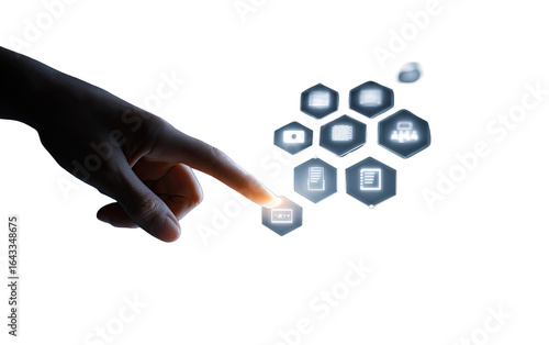 Hand interacting with glowing digital interface