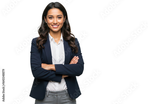 Confident young business woman with dark hair, wearing a dark blazer and grey pants, smiling with arms crossed, isolated on transparent background