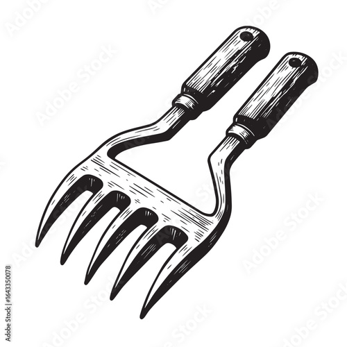 Hand drawn illustration of two meat shredder claws with wooden handles on white background