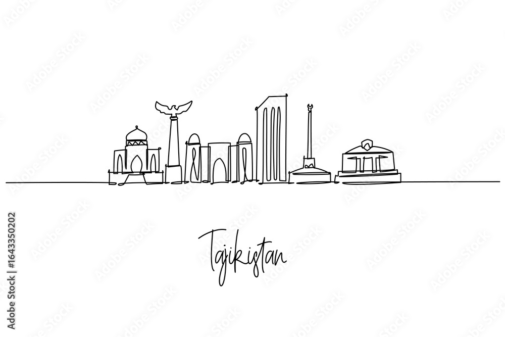 Obraz premium Tajikistan city skyline illustrated as a continuous line drawing, merging monuments, arches and modern towers of Dushanbe. A travel design concept with a Central Asia theme highlighting buildings.