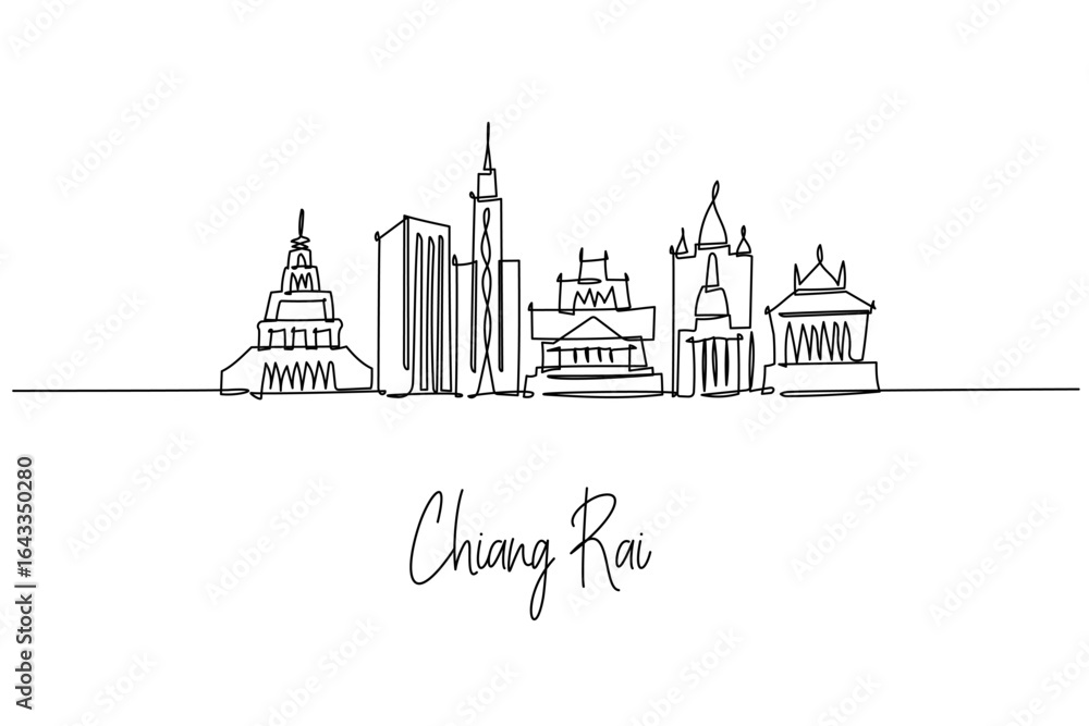 Fototapeta premium Chiang Rai city skyline of Thailand illustrated as a single line drawing, merging Lanna temples, a clock tower and modern buildings. A travel design concept with a Northern Thailand theme.