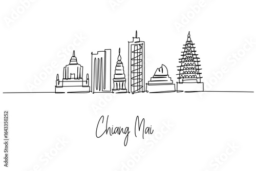 Chiang Mai city skyline of Thailand rendered as a one line drawing, featuring Lanna temples, chedis and towers. A travel design concept with Northern Thailand theme highlighting city buildings.