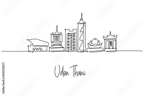 Udon Thani city skyline in Thailand captured as a continuous line drawing, a cityscape concept themed around Isan landmarks, temples and modern towers, ideal for travel posters and minimalist decor.