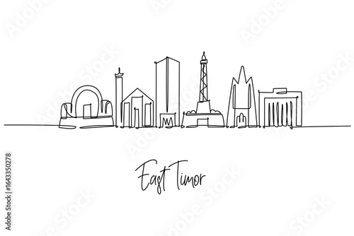 East Timor city skyline illustrated as a single line drawing, a cityscape concept themed around Timor Leste heritage, for minimalist travel art.