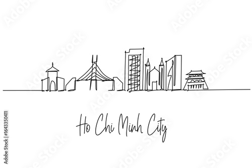 Ho Chi Minh City skyline in one line drawing, featuring Bitexco Tower, Landmark 81, Ben Thanh Market and the Saigon River bridge; an urban architecture concept with Vietnam travel theme, modern.