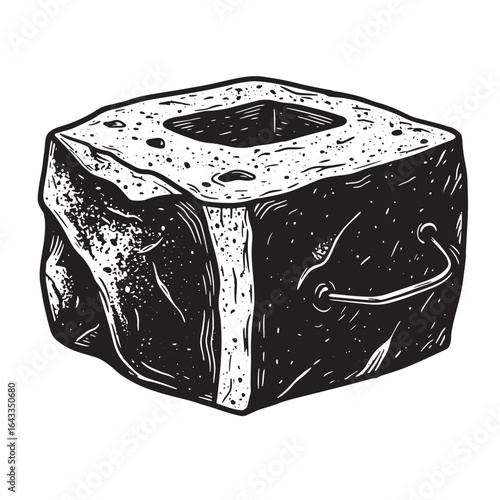 Hand drawn vintage style ice bucket with a handle in black and white illustration.