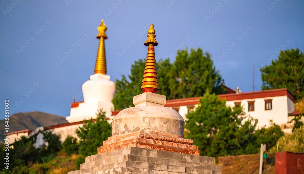 Fototapeta premium Two ornate stupas, Buddhist temple backdrop