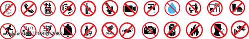 Forbidden Sign not allowed no smoking and eating.do not enter sign.No alcohol allowed sign.No record icon set. Video, photo, phone, sound, micro,recording forbidden. Warning label.Vector illustration.
