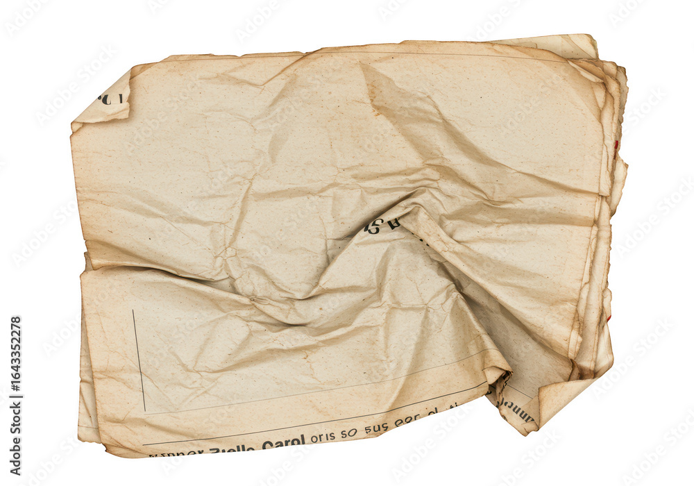 Obraz premium Aged and crumpled paper sheet with visible texture and stains, isolated on transparent background