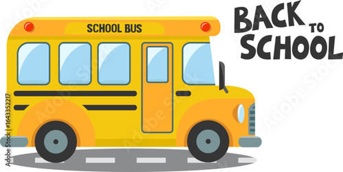 School bus driving on road, side view on a white background. Back to school