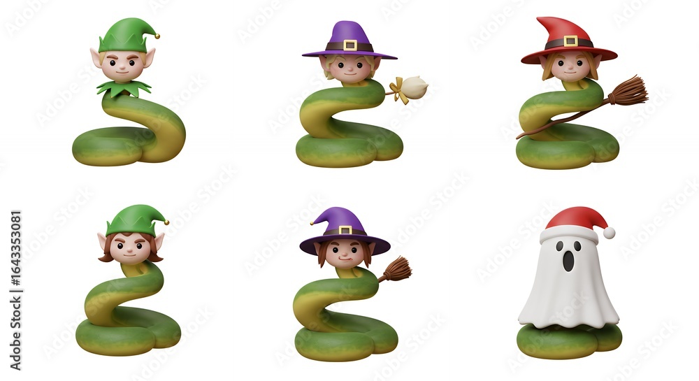 Naklejka premium Collection of cute fantasy figurines in costumes