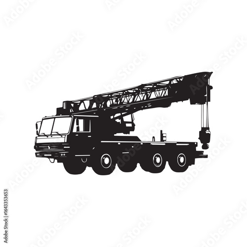 Black Silhouette of a Large Crane Truck with Boom Extended on White Background
