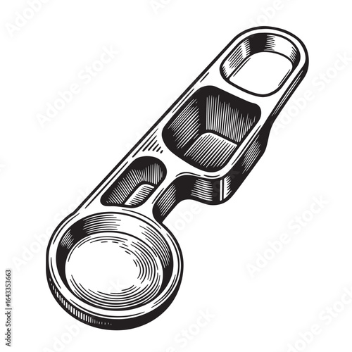 Vintage engraved bottle opener illustration in detailed engraving style isolated on white background