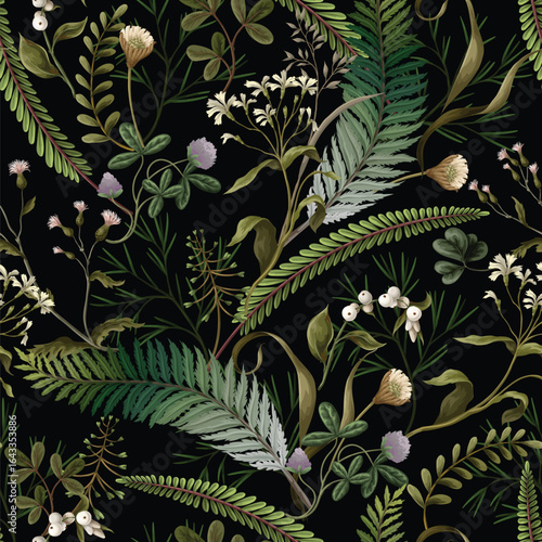 Seamless vector pattern of autumn forest plants, wild berries, clovers, herbs, ferns, and mushrooms