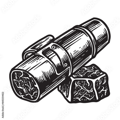 Vintage engraving of a telescopic device and a textured geometric object in black and white