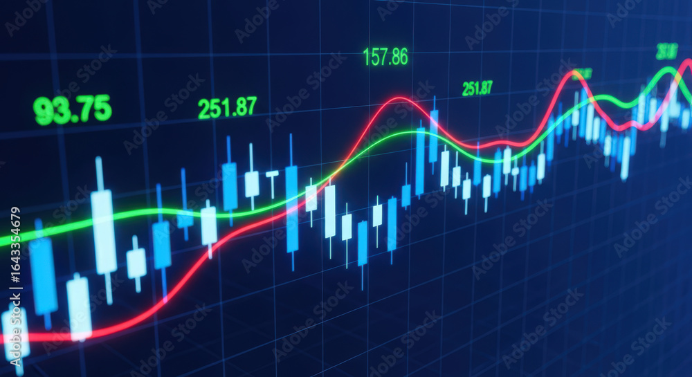 Naklejka premium Analyzing Stock Market Trends A Detailed View of Financial Charts and Data for Investment Strategies and Economic Forecasting with Technical Analysis Insights