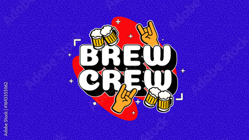 Brew Crew - Fun Coffee-Themed Pop Art Typography Sticker with Mug Icons