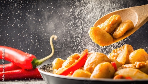 Fototapeta Naklejka Na Ścianę i Meble -  Wooden spoon lifts spiced chicken and potatoes from a pan, flour dusts the air