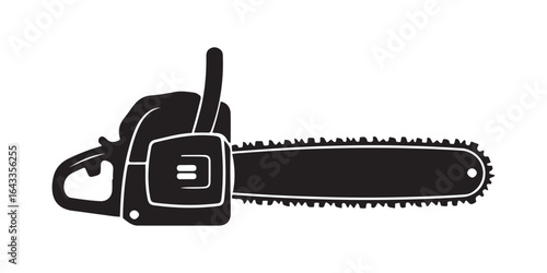 Black Silhouette of a Chainsaw with Visible Teeth on a White Background