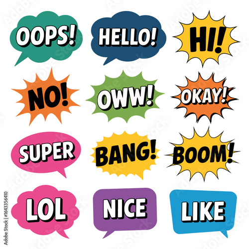 Set of colorful comic speech bubbles with different expressions isolated on white background