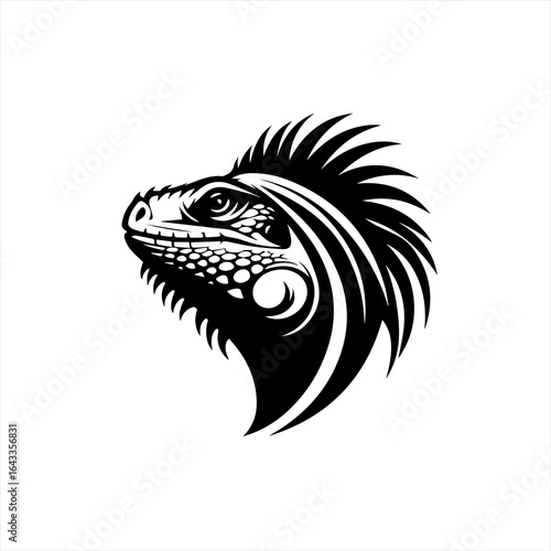 Stylized black and white iguana head silhouette with crest
