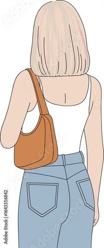 Chic young woman with tan shoulder bag, blonde hair, casual outfit, summer fashion style, back view walking illustration