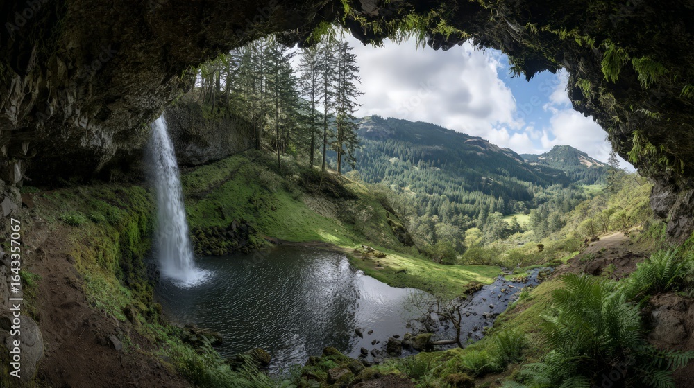 Fototapeta premium Hidden Waterfall In Lush Green Mountain Valley