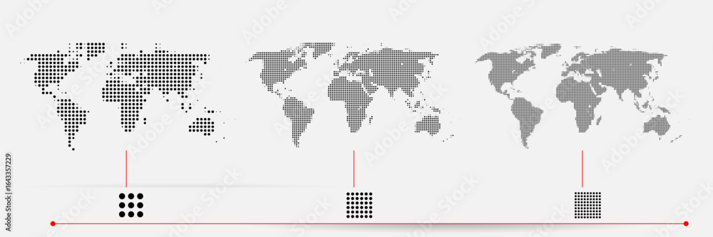 Fototapeta premium Set of flat earth world maps with dots in different resolution. Round pixel pattern. Modern digital globe. Black dots on white background. Worldmap template for website, infographics, design.