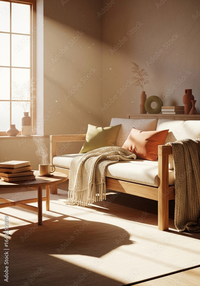 Obraz premium Interior design living room sofa pillows blanket coffee table books home decor sunlight relaxing space