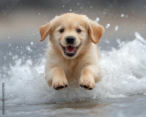 Wallpaper Mural Happy Golden Retriever puppy playing in water splash with joyful expression, snow or water drops flying around creating magical atmosphere for pet photography. Torontodigital.ca