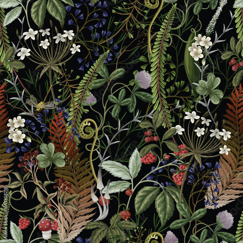 Seamless vector pattern of autumn forest plants, wild berries, clovers, herbs, ferns, and mushrooms