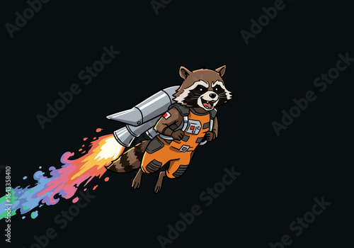 Cartoon Raccoon Flying with Rocket Pack on Black Background