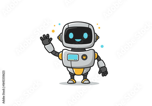 Cheerful Cartoon Robot Waving Hello with Blue Eyes and Yellow Accents