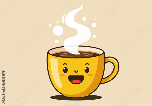 Smiling Yellow Coffee Cup with Steam Cartoon Illustration