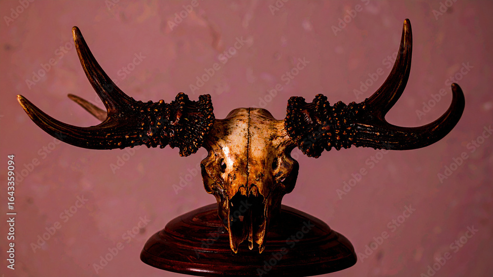 Fototapeta premium Majestic Moose Antlers Mounted on a Polished Wooden Display Base
