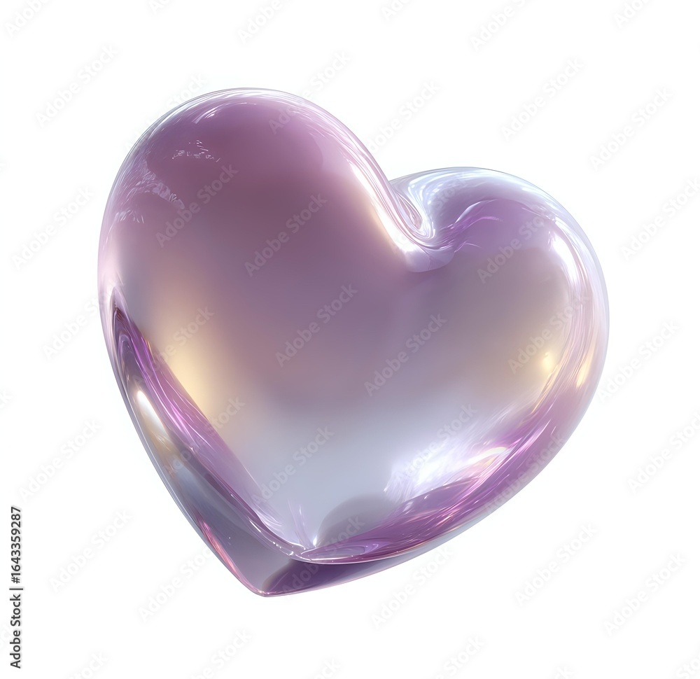 Fototapeta premium Translucent glass heart shape with soft purple and pink gradient effects on white background, isolated design element for romantic and love concepts.