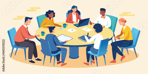 Meeting with five professionals discussing strategies at round table, flat vector corporate teamwork concept illustration