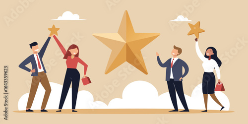 Businesswoman holding giant gold star while colleagues applaud, flat vector corporate achievement recognition concept illustration