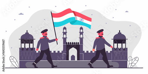 Illustration of guards holding the indian flag in front of the red fort in delhi india showing patriotism created with generative ai